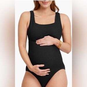 Seraphine Black Textured One Piece Maternity Swimsuit Large L Scandi Ribbed NWOT